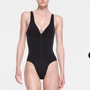 SKIMS Black Deep V One-Piece Swimsuit